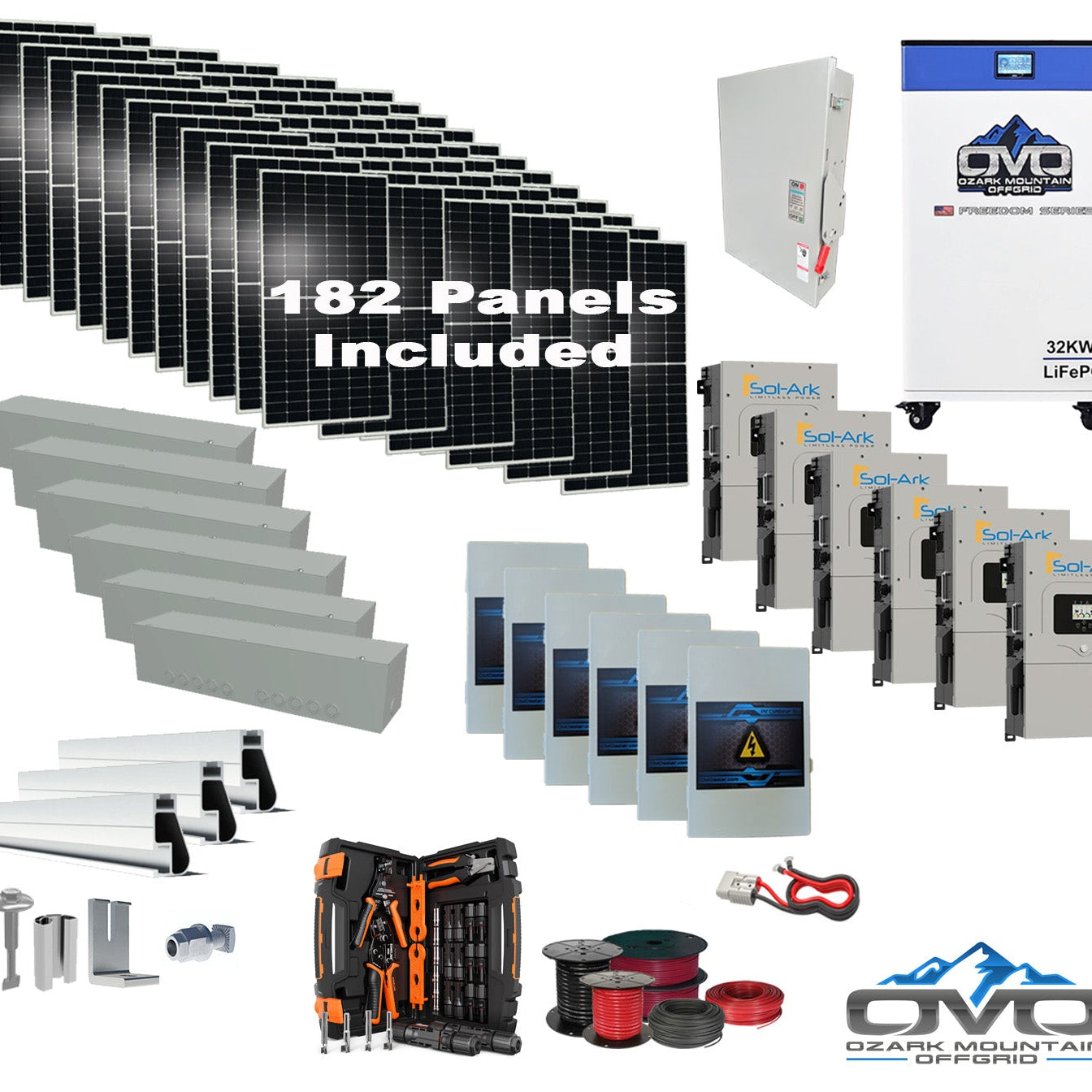 100KW Complete Offgrid Solar Kit + 6x 15K Sol-Ark Inverter + 32kWh OMO 48V Freedom Series Lithium Battery +100.2KW Solar with Roof Mount and Wiring