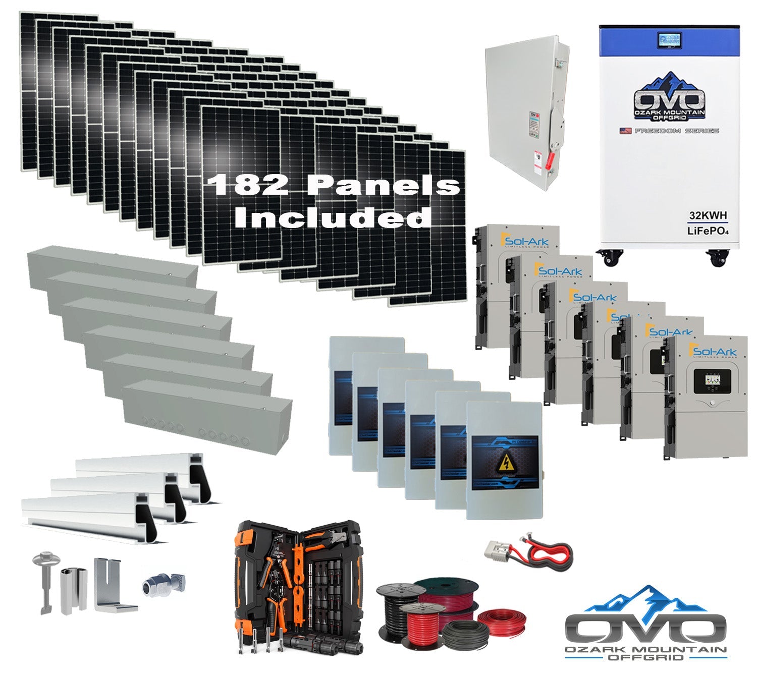 100KW Complete Offgrid Solar Kit + 6x 15K Sol-Ark Inverter + 32kWh OMO 48V Freedom Series Lithium Battery +100.2KW Solar with Roof Mount and Wiring