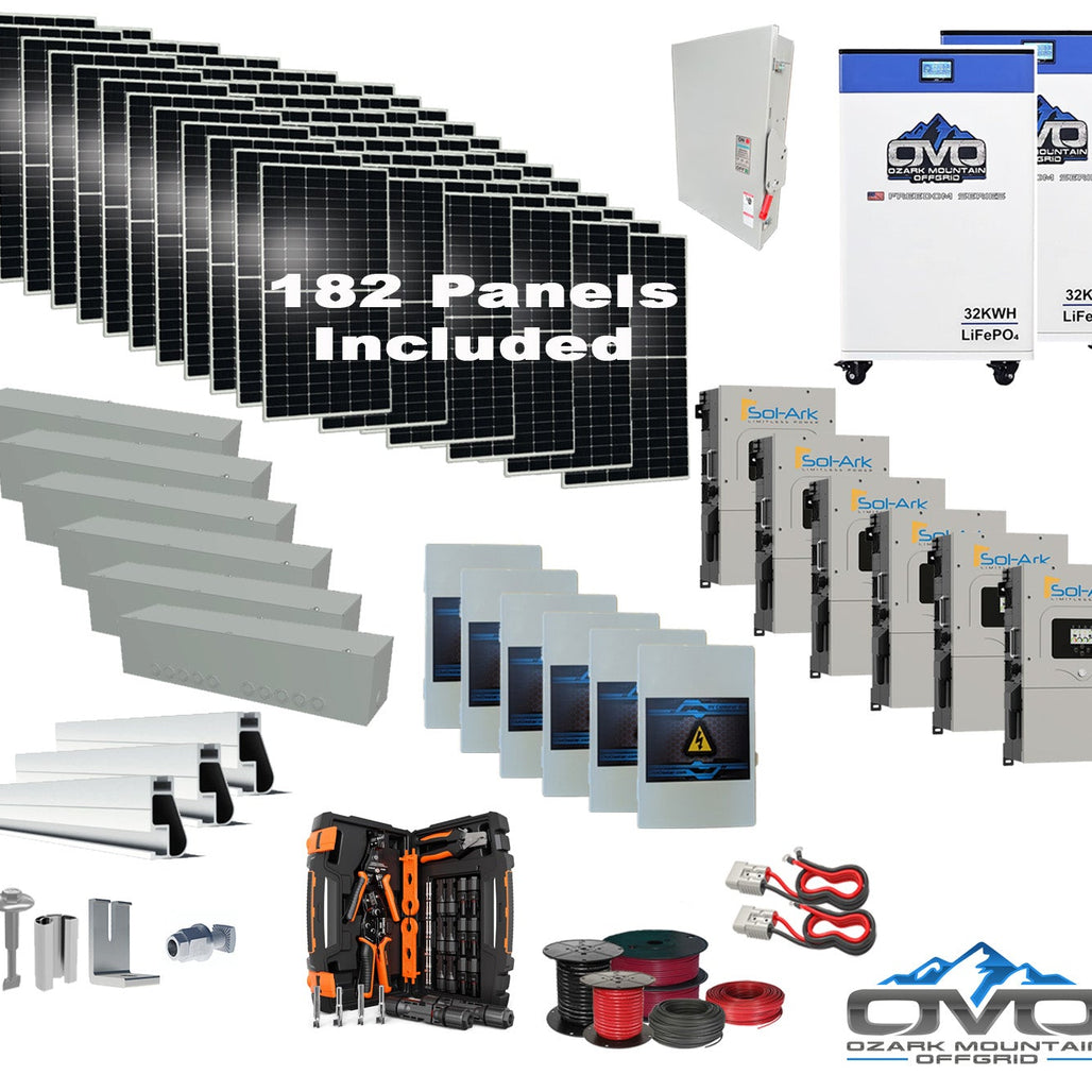 100KW Complete Offgrid Solar Kit + 6x 15K Sol-Ark Inverter + 2x 32kWh OMO 48V Freedom Series Lithium Battery +100.2KW Solar with Roof Mount and Wiring