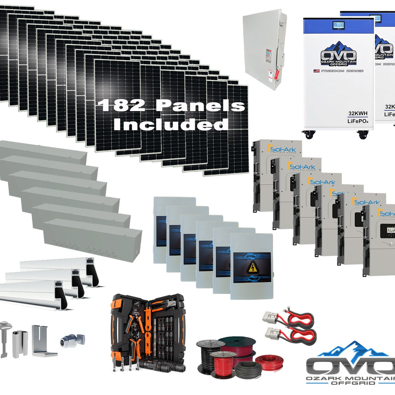 100KW Complete Offgrid Solar Kit + 6x 15K Sol-Ark Inverter + 2x 32kWh OMO 48V Freedom Series Lithium Battery +100.2KW Solar with Roof Mount and Wiring