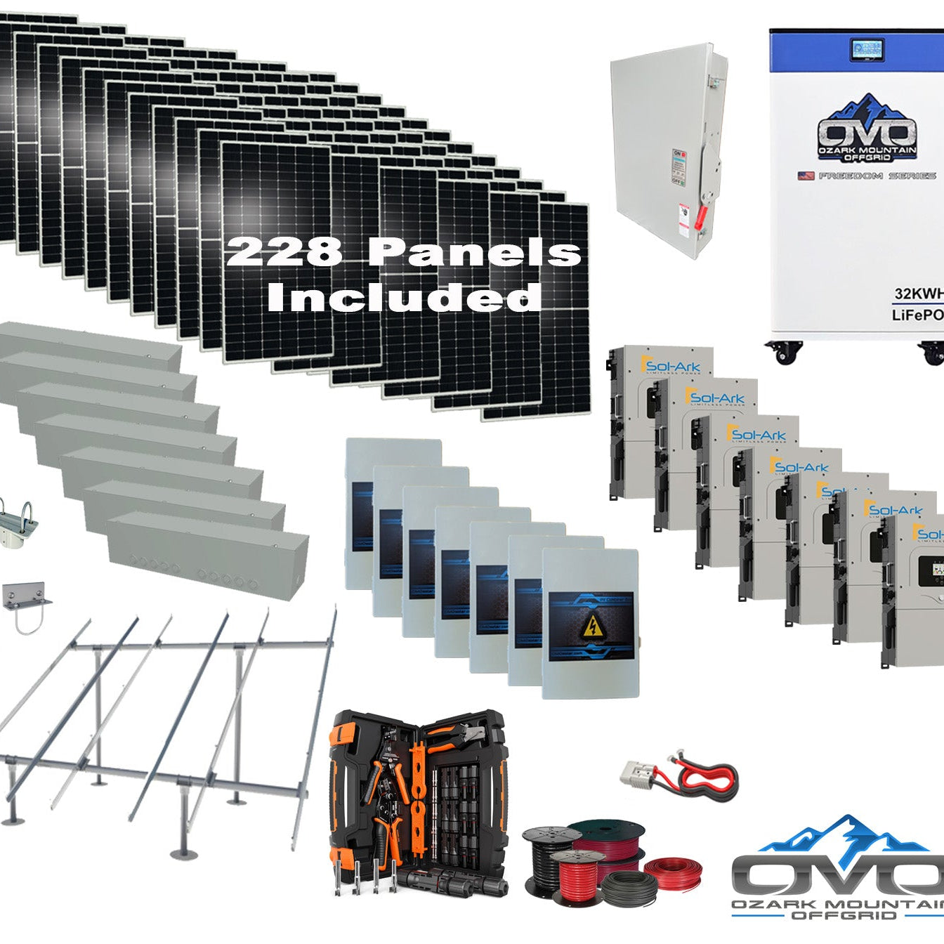 125KW Complete Offgrid Solar Kit + 7x 15K Sol-Ark Inverter + 32kWh OMO 48V Freedom Series Lithium Battery +125.4KW Solar with Ground Mount and Wiring
