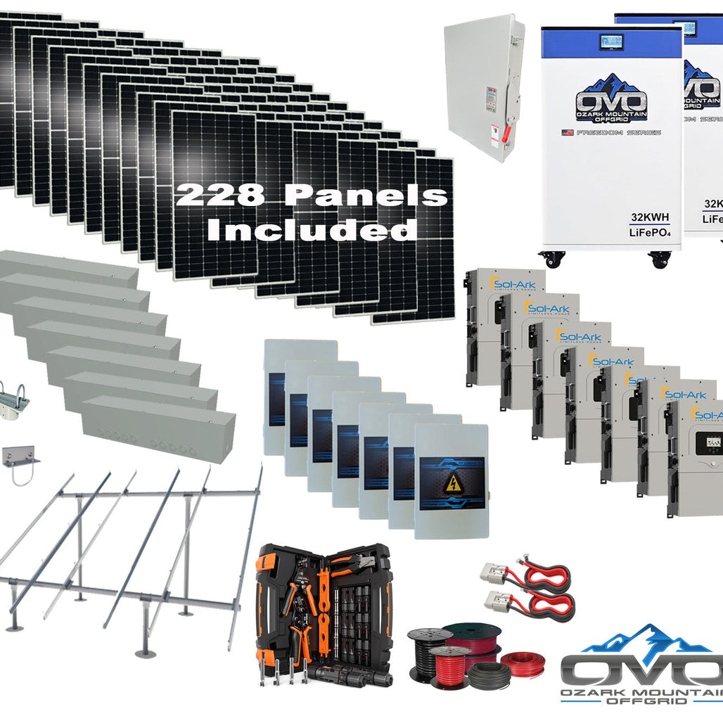 125KW Complete Offgrid Solar Kit + 7x 15K Sol-Ark Inverter + 2x 32kWh OMO 48V Freedom Series Lithium Battery +125.4KW Solar with Ground Mount and Wiring