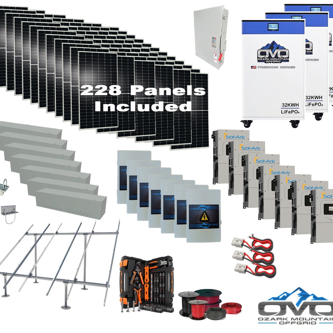 125KW Complete Offgrid Solar Kit + 7x 15K Sol-Ark Inverter + 3x 32kWh OMO 48V Freedom Series Lithium Battery +125.4KW Solar with Ground Mount and Wiring