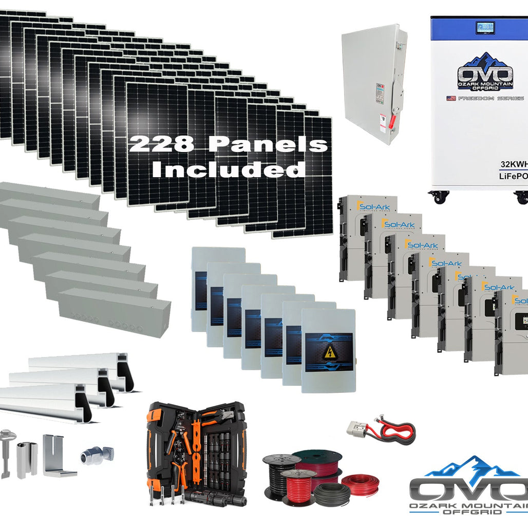 125KW Complete Offgrid Solar Kit + 7x 15K Sol-Ark Inverter + 32kWh OMO 48V Freedom Series Lithium Battery +125.4KW Solar with Roof Mount and Wiring