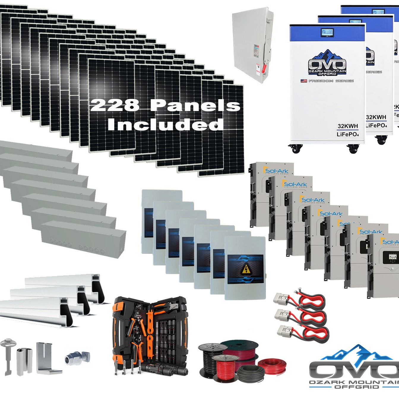 125KW Complete Offgrid Solar Kit + 7x 15K Sol-Ark Inverter + 3x 32kWh OMO 48V Freedom Series Lithium Battery +125.4KW Solar with Roof Mount and Wiring