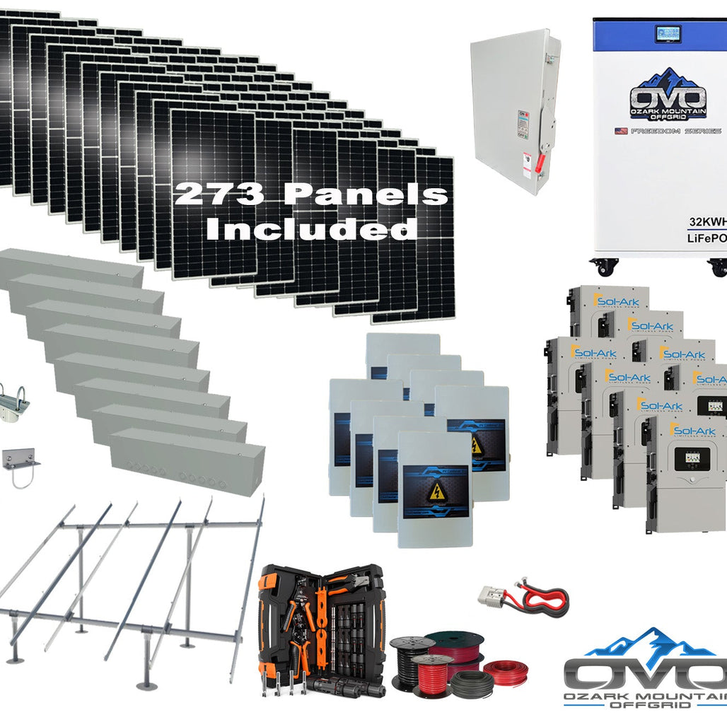 150KW Complete Offgrid Solar Kit + 8x 15K Sol-Ark Inverter + 32kWh OMO 48V Freedom Series Lithium Battery +150.15KW Solar with Ground Mount and Wiring