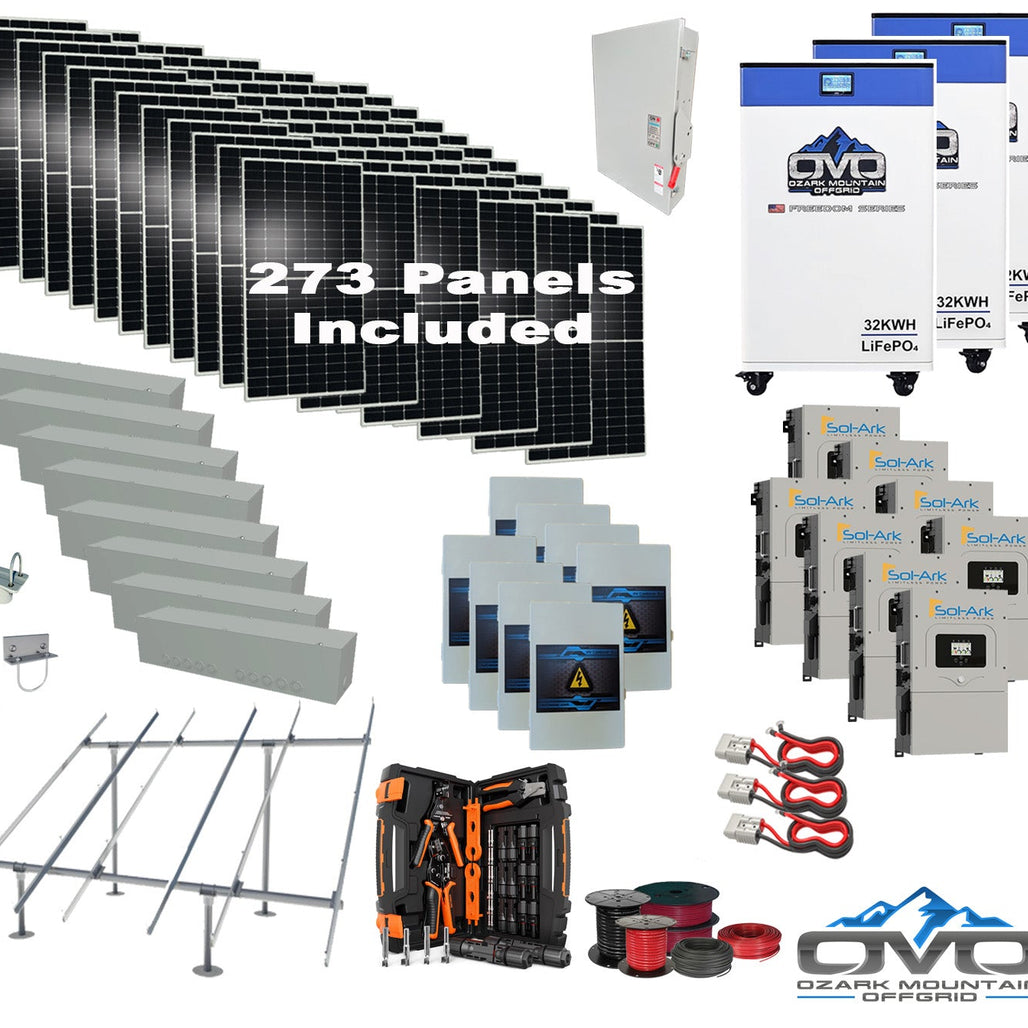 150KW Complete Offgrid Solar Kit + 8x 15K Sol-Ark Inverter + 3x 32kWh OMO 48V Freedom Series Lithium Battery +150.15KW Solar with Ground Mount and Wiring