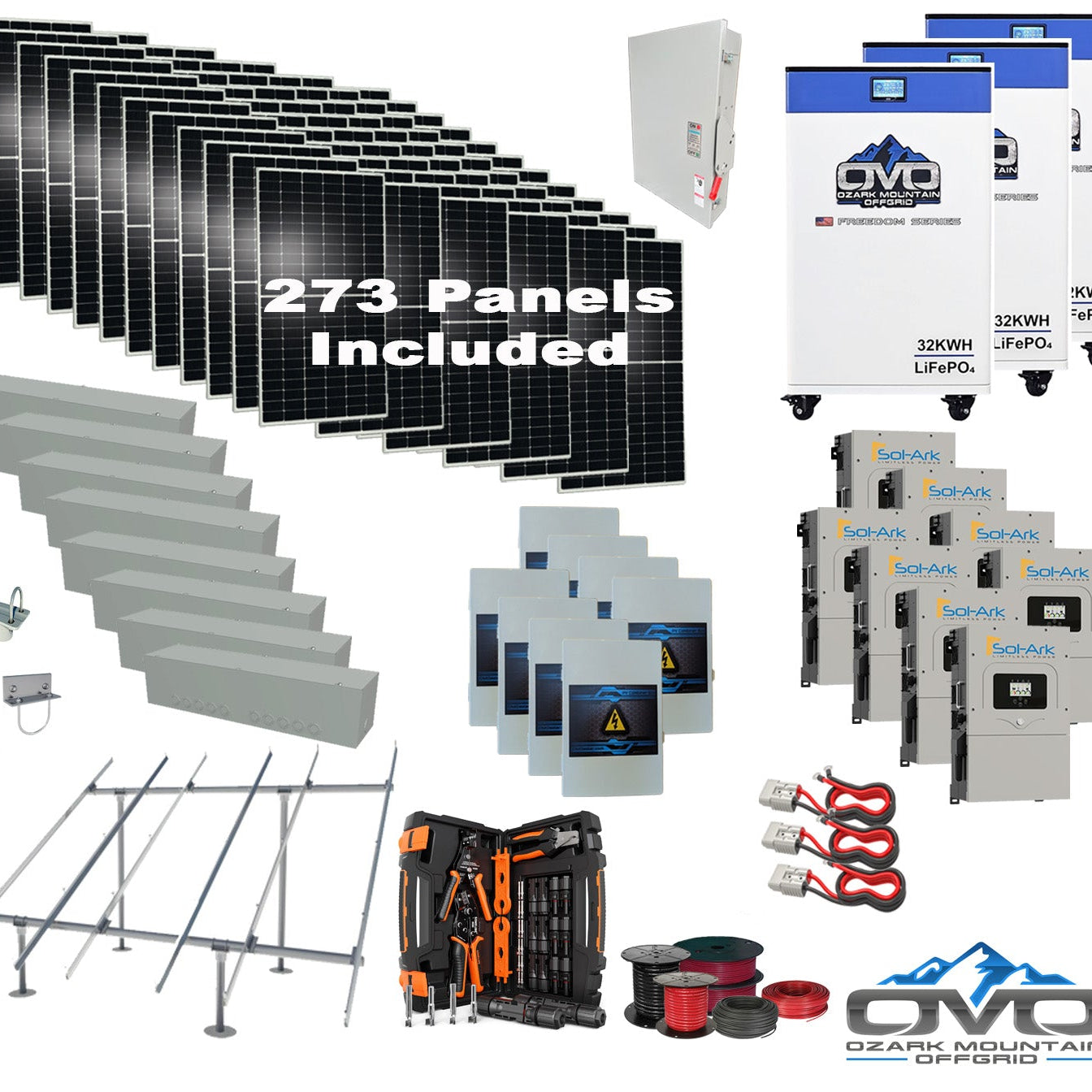 150KW Complete Offgrid Solar Kit + 8x 15K Sol-Ark Inverter + 3x 32kWh OMO 48V Freedom Series Lithium Battery +150.15KW Solar with Ground Mount and Wiring