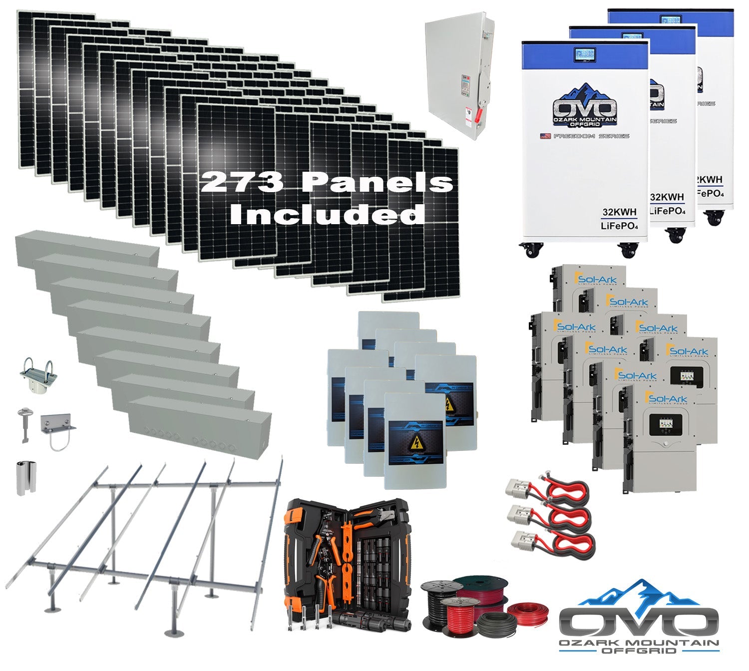 150KW Complete Offgrid Solar Kit + 8x 15K Sol-Ark Inverter + 3x 32kWh OMO 48V Freedom Series Lithium Battery +150.15KW Solar with Ground Mount and Wiring