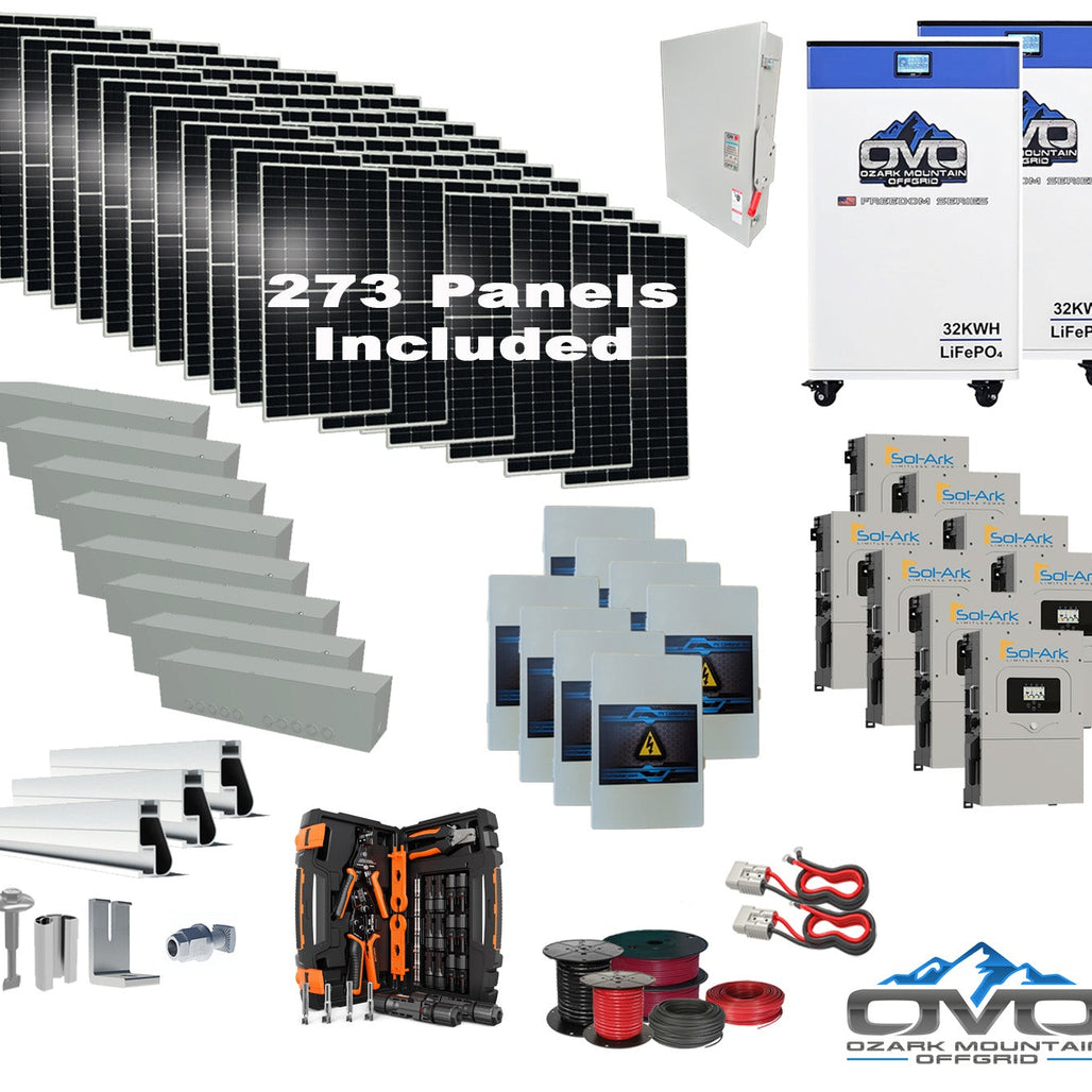 150KW Complete Offgrid Solar Kit + 8x 15K Sol-Ark Inverter + 2x 32kWh OMO 48V Freedom Series Lithium Battery +150.15KW Solar with Roof Mount and Wiring