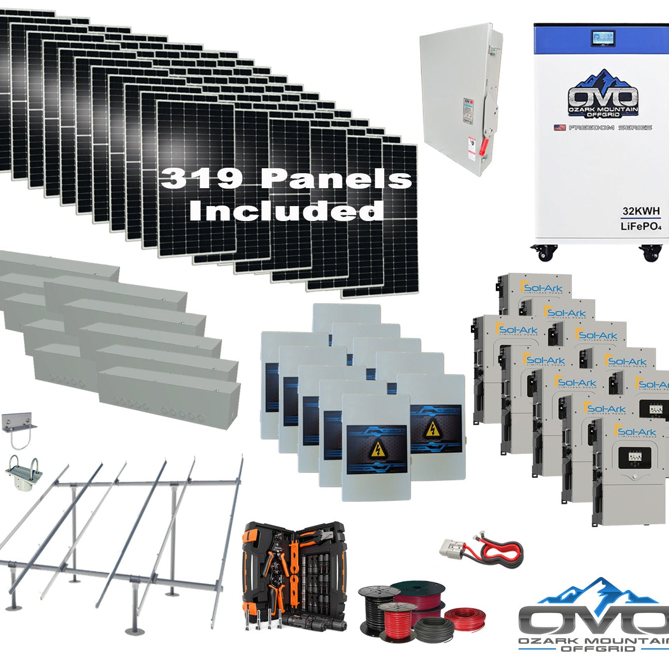 175KW Complete Offgrid Solar Kit + 10x 15K Sol-Ark Inverter + 32kWh OMO 48V Freedom Series Lithium Battery +175.45KW Solar with Ground Mount and Wiring