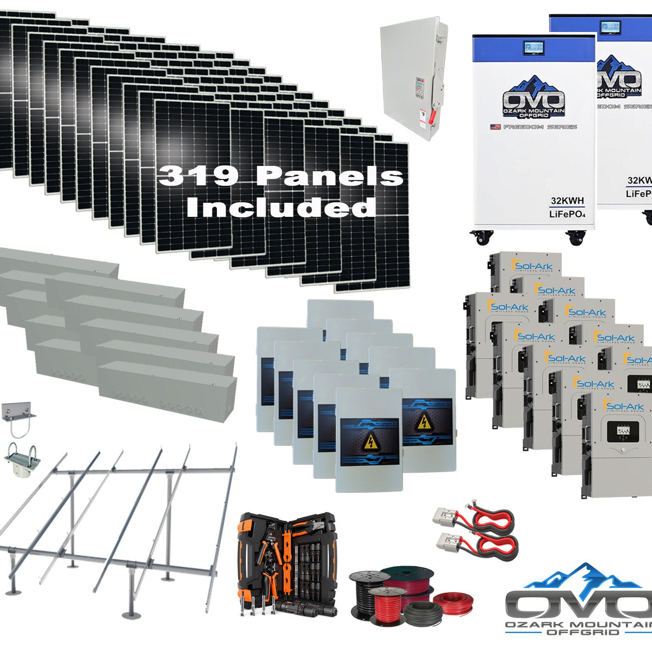 175KW Complete Offgrid Solar Kit + 10x 15K Sol-Ark Inverter + 2x 32kWh OMO 48V Freedom Series Lithium Battery +175.45KW Solar with Ground Mount and Wiring