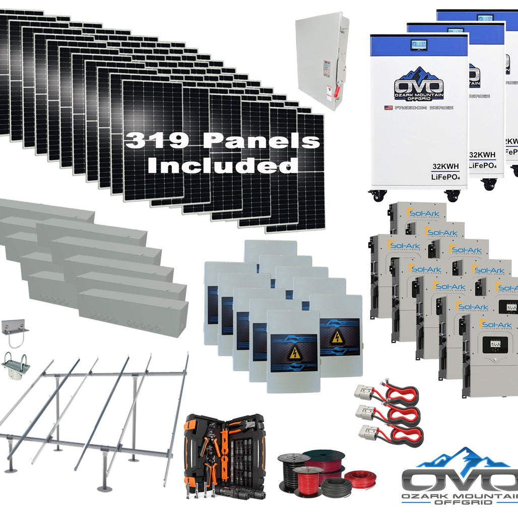 175KW Complete Offgrid Solar Kit + 10x 15K Sol-Ark Inverter + 3x 32kWh OMO 48V Freedom Series Lithium Battery +175.45KW Solar with Ground Mount and Wiring