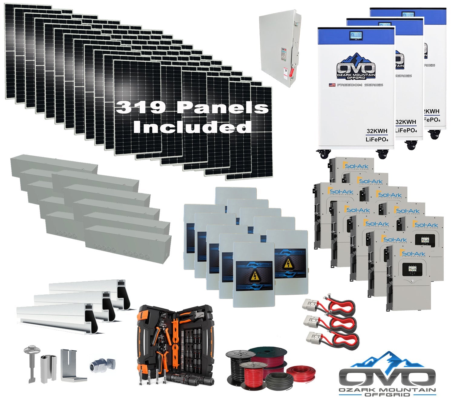 175KW Complete Offgrid Solar Kit + 10x 15K Sol-Ark Inverter + 3x 32kWh OMO 48V Freedom Series Lithium Battery +175.45KW Solar with Roof Mount and Wiring