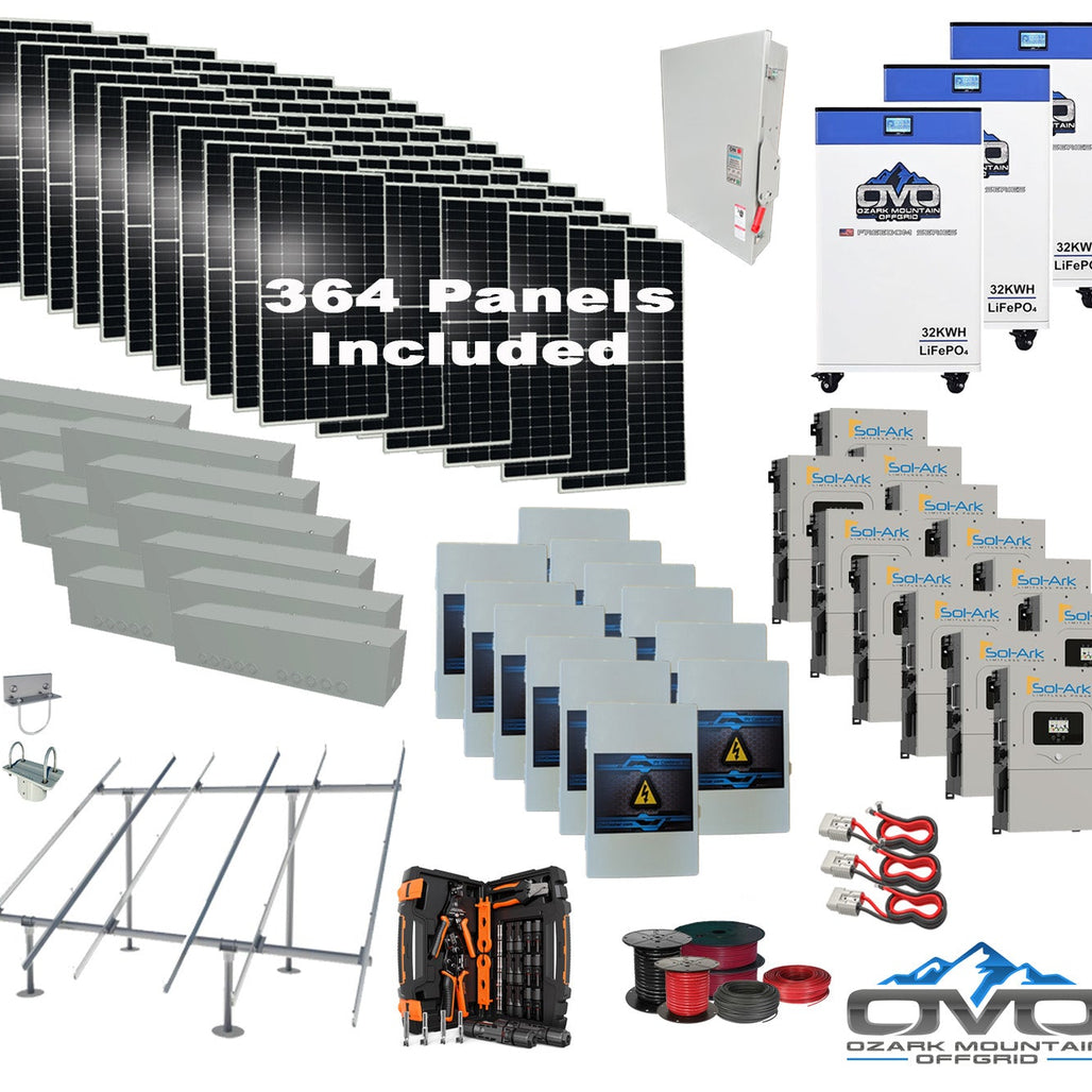 200KW Complete Offgrid Solar Kit + 12x 15K Sol-Ark Inverter + 3x 32kWh OMO 48V Freedom Series Lithium Battery +200.2KW Solar with Ground Mount and Wiring