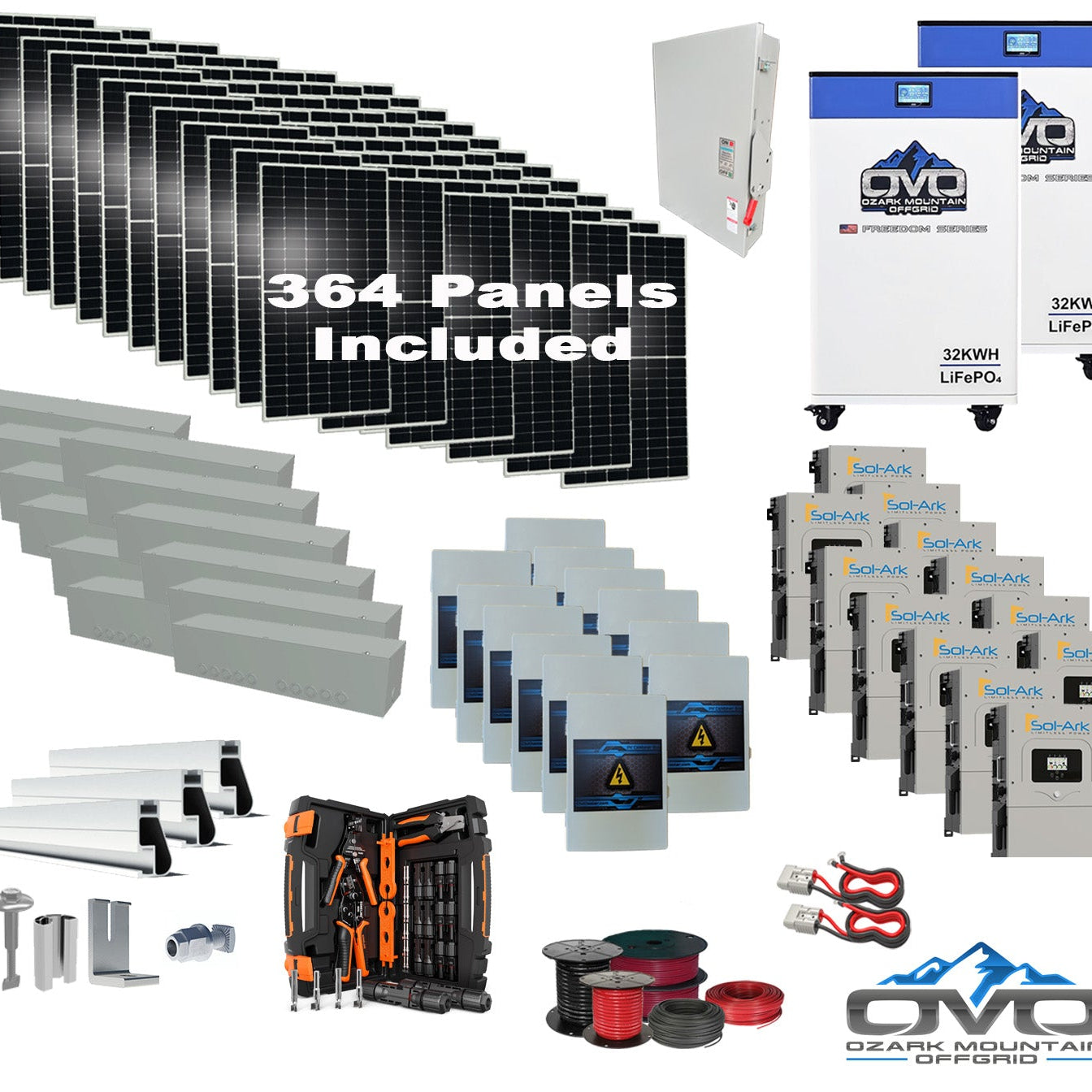 200KW Complete Offgrid Solar Kit + 12x 15K Sol-Ark Inverter + 2x 32kWh OMO 48V Freedom Series Lithium Battery +200.2KW Solar with Roof Mount and Wiring