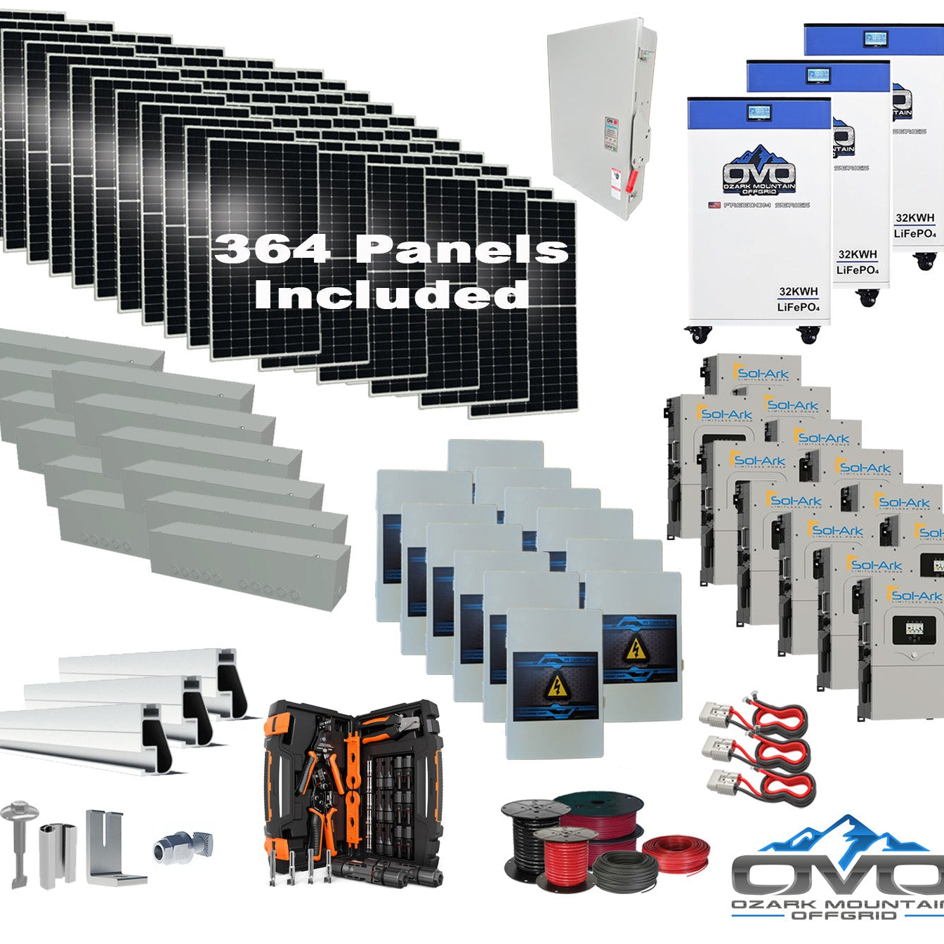 200KW Complete Offgrid Solar Kit + 12x 15K Sol-Ark Inverter +  3x 32kWh OMO 48V Freedom Series Lithium Battery +200.2KW Solar with Roof Mount and Wiring
