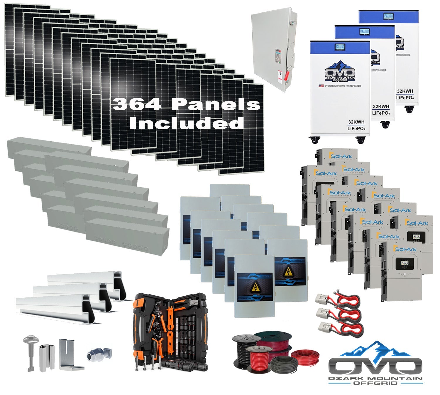 200KW Complete Offgrid Solar Kit + 12x 15K Sol-Ark Inverter +  3x 32kWh OMO 48V Freedom Series Lithium Battery +200.2KW Solar with Roof Mount and Wiring
