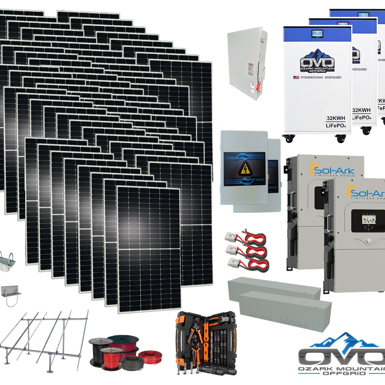 35KW Complete Offgrid Solar Kit + 2x 15K Sol-Ark Inverter + 3x 32kWh OMO 48V Freedom Series Lithium Battery +35.2KW Solar with Ground Mount and Wiring