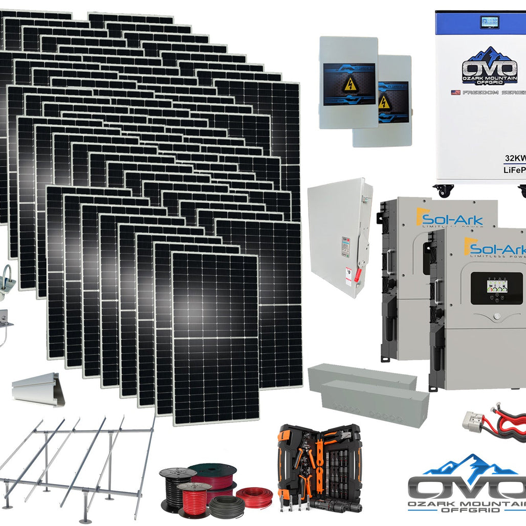 35KW Complete Offgrid Solar Kit + 2x 15K Sol-Ark Inverter + 32kWh OMO 48V Freedom Series Lithium Battery +35.2KW Solar with Ground Mount and Wiring