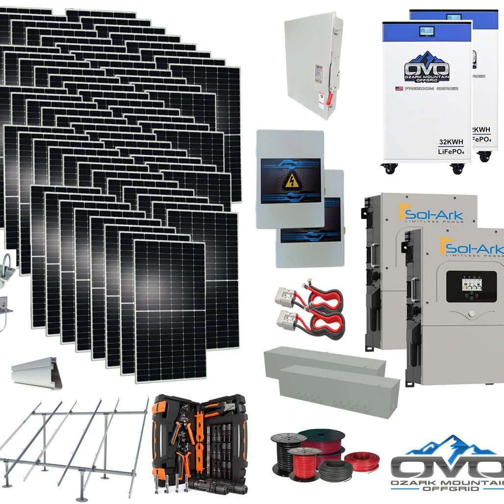 35KW Complete Offgrid Solar Kit + 2x 15K Sol-Ark Inverter + 2x 32kWh OMO 48V Freedom Series Lithium Battery +35.2KW Solar with Ground Mount and Wiring
