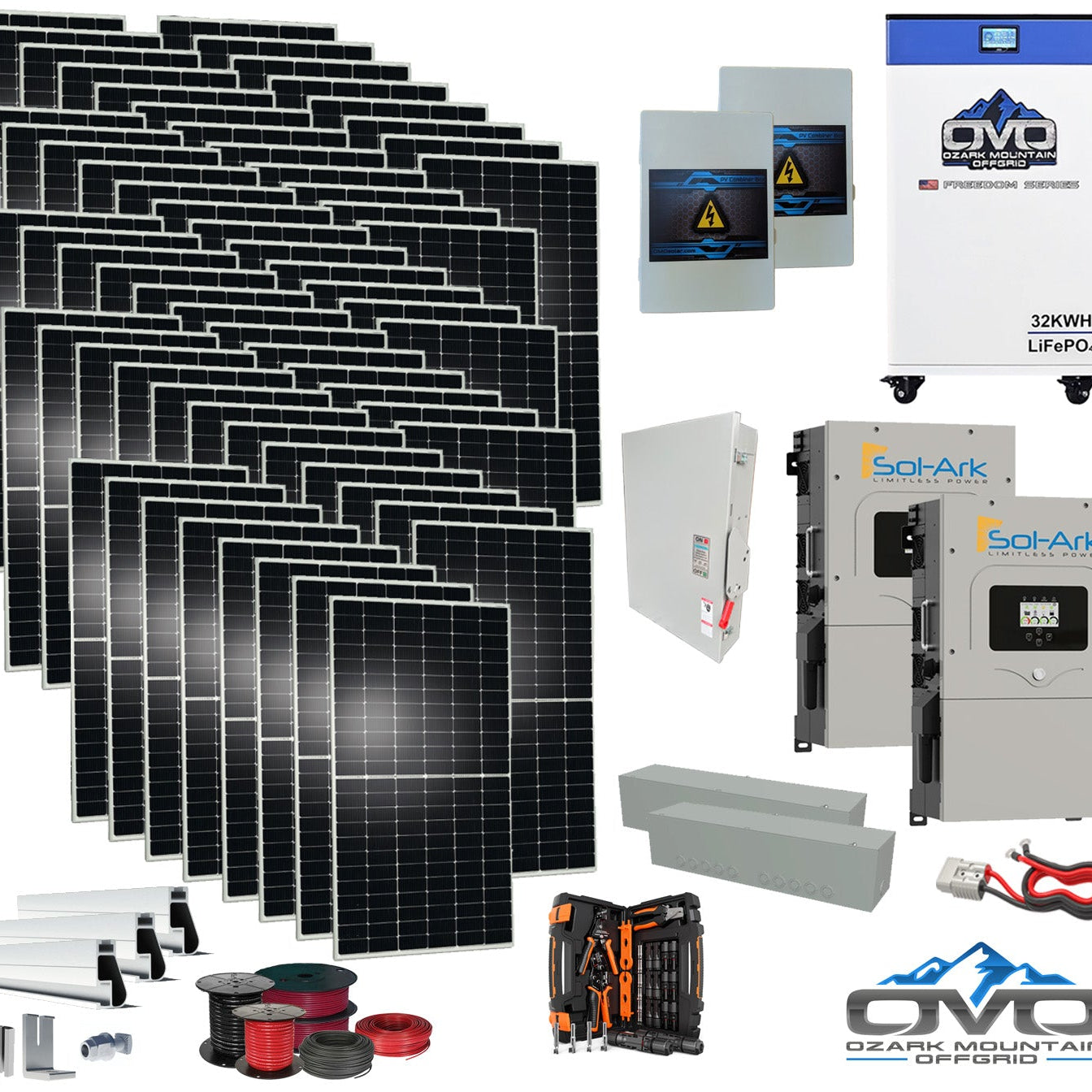 35KW Complete Offgrid Solar Kit + 2x 15K Sol-Ark Inverter + 32kWh OMO 48V Freedom Series Lithium Battery +35.2KW Solar with Roof Mount and Wiring