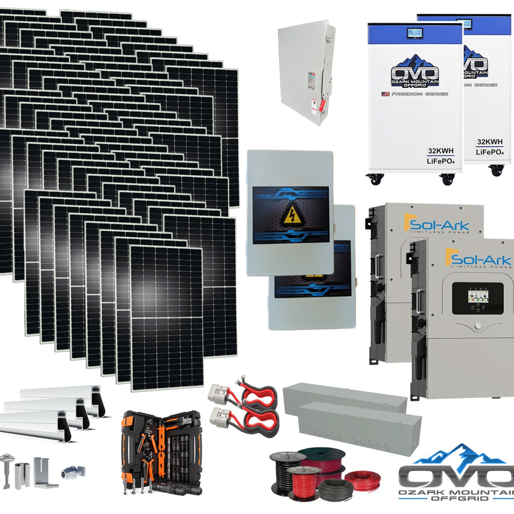 35KW Complete Offgrid Solar Kit + 2x 15K Sol-Ark Inverter + 2x 32kWh OMO 48V Freedom Series Lithium Battery +35.2KW Solar with Roof Mount and Wiring