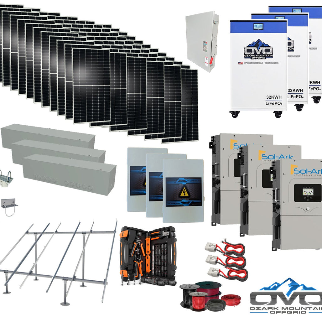 40KW Complete Offgrid Solar Kit + 3x 15K Sol-Ark Inverter + 3x 32kWh OMO 48V Freedom Series Lithium Battery +40.15KW Solar with Ground Mount and Wiring