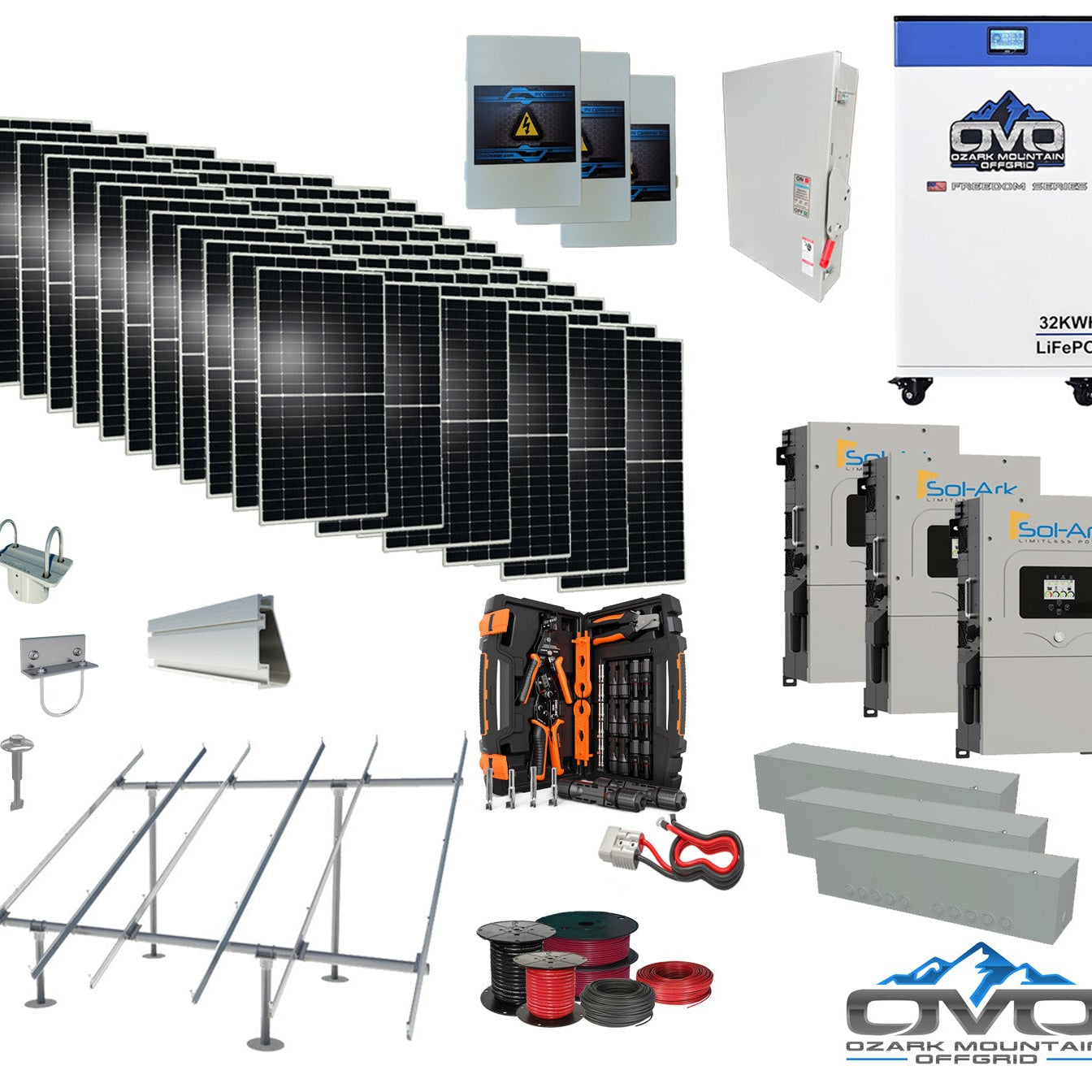 40KW Complete Offgrid Solar Kit + 3x 15K Sol-Ark Inverter + 32kWh OMO 48V Freedom Series Lithium Battery +40.15KW Solar with Ground Mount and Wiring