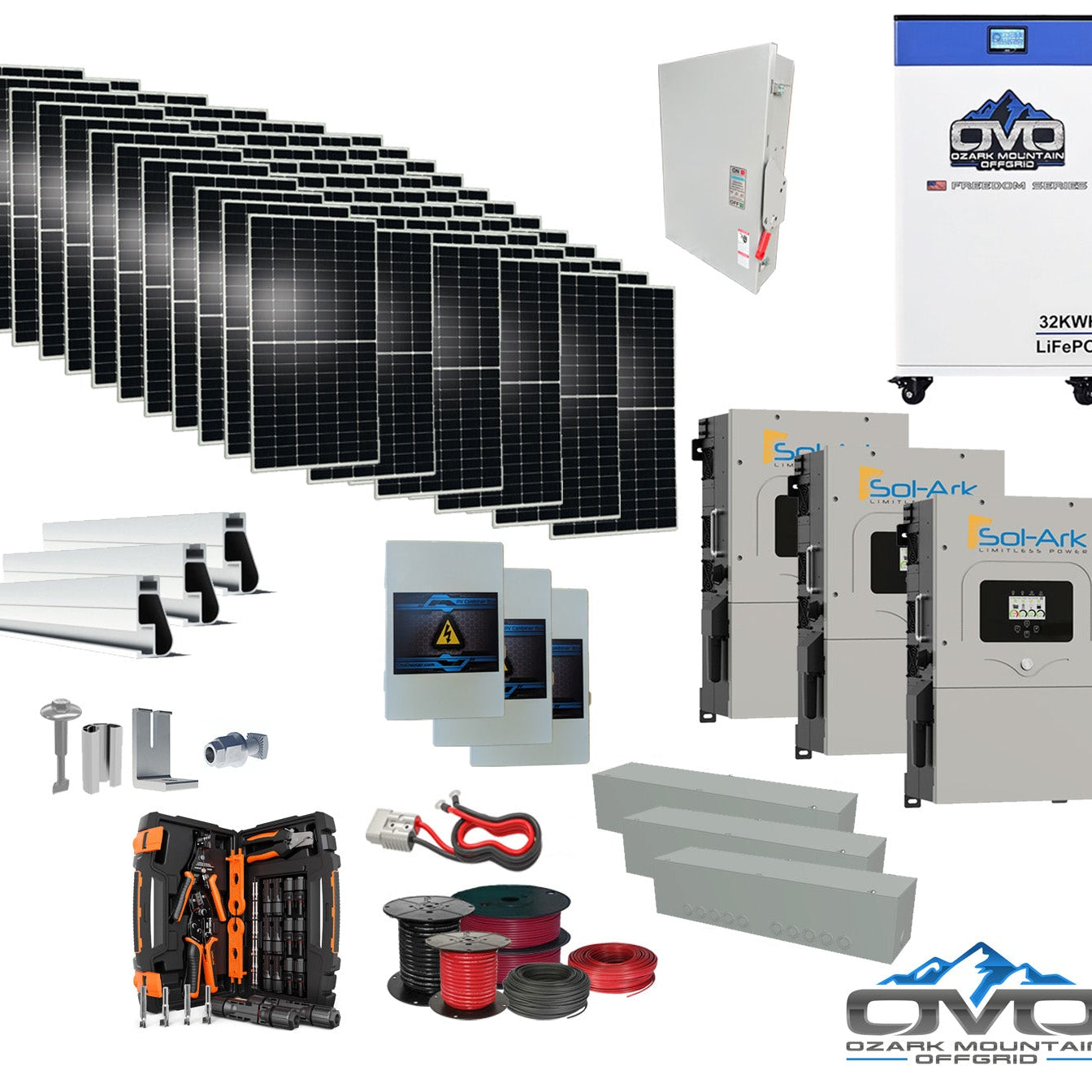 40KW Complete Offgrid Solar Kit + 3x 15K Sol-Ark Inverter + 32kWh OMO 48V Freedom Series Lithium Battery +40.15KW Solar with Roof Mount and Wiring