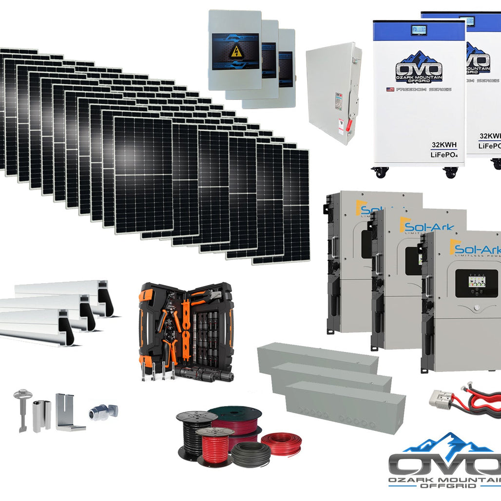40KW Complete Offgrid Solar Kit + 3x 15K Sol-Ark Inverter + 2x 32kWh OMO 48V Freedom Series Lithium Battery +40.15KW Solar with Roof Mount and Wiring