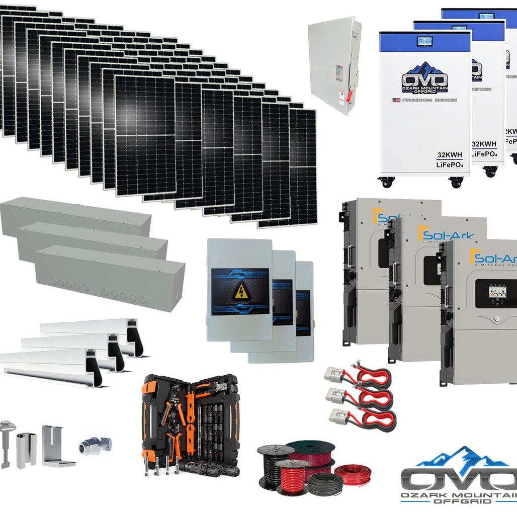 40KW Complete Offgrid Solar Kit + 3x 15K Sol-Ark Inverter + 3x 32kWh OMO 48V Freedom Series Lithium Battery +40.15KW Solar with Roof Mount and Wiring