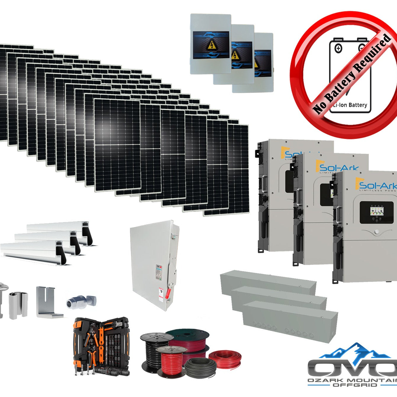 40KW Complete Offgrid Solar Kit + 3x 15K Sol-Ark Inverter +40.15KW Solar with Mounting Rails and Wiring