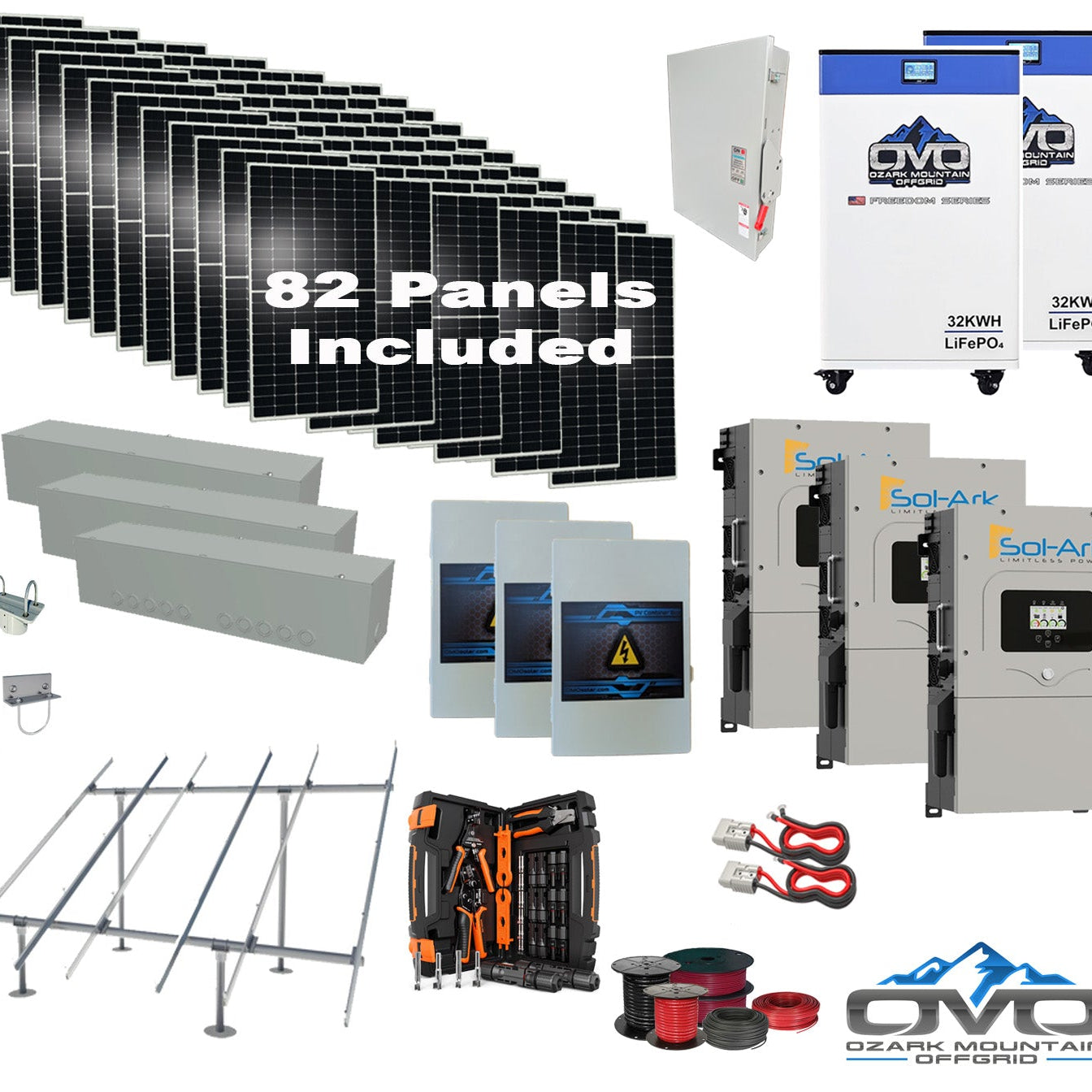 45KW Complete Offgrid Solar Kit + 3x 15K Sol-Ark Inverter + 2x 32kWh OMO 48V Freedom Series Lithium Battery +45.1KW Solar with Ground Mount and Wiring
