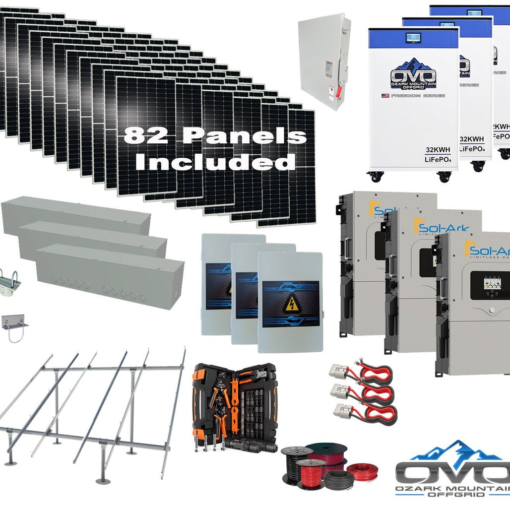 45KW Complete Offgrid Solar Kit + 3x 15K Sol-Ark Inverter + 3x 32kWh OMO 48V Freedom Series Lithium Battery +45.1KW Solar with Ground Mount and Wiring