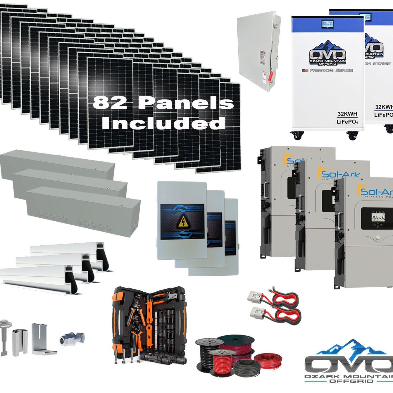 45KW Complete Offgrid Solar Kit + 3x 15K Sol-Ark Inverter + 2x 32kWh OMO 48V Freedom Series Lithium Battery +45.1KW Solar with Roof Mount and Wiring