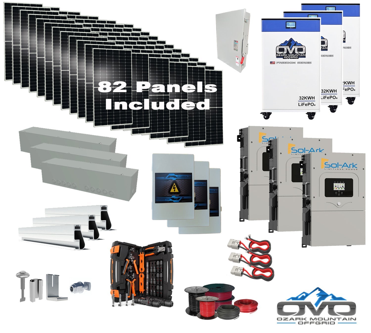 45KW Complete Offgrid Solar Kit + 3x 15K Sol-Ark Inverter + 3x 32kWh OMO 48V Freedom Series Lithium Battery +45.1KW Solar with Roof Mount and Wiring