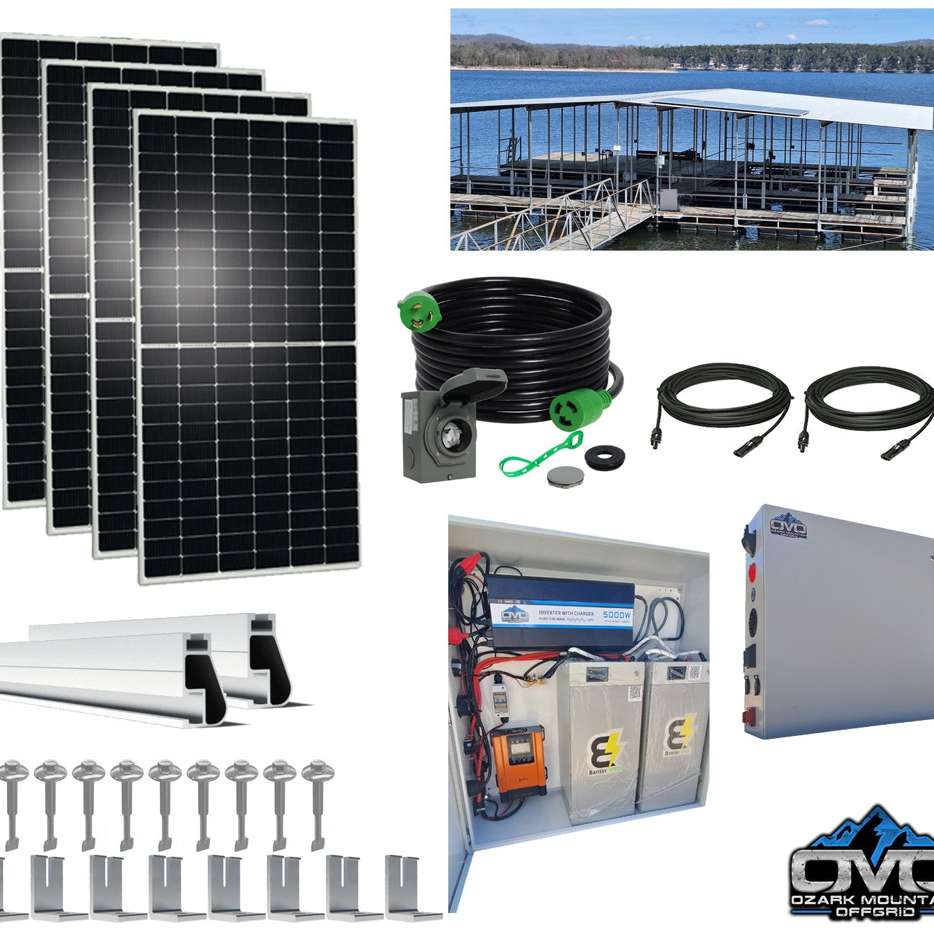 2.2KW Boat Dock Offgrid Solar Kit (4 Panel + 2 Lithium Batteries) - Mountable with Plug and Play Connections