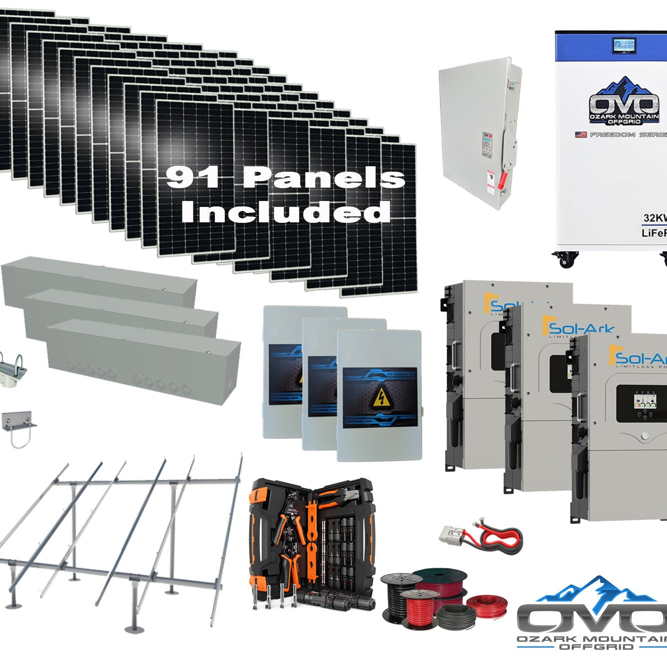 50KW Complete Offgrid Solar Kit + 3x 15K Sol-Ark Inverter + 32kWh OMO 48V Freedom Series Lithium Battery +50.05KW Solar with Ground Mount and Wiring