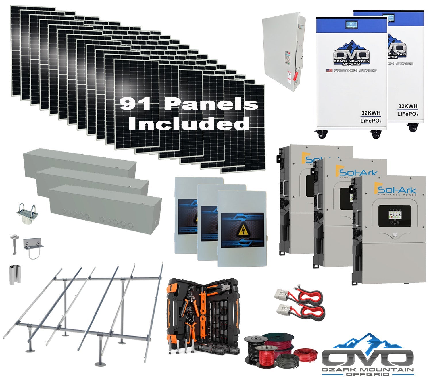 50KW Complete Offgrid Solar Kit + 3x 15K Sol-Ark Inverter + 2x 32kWh OMO 48V Freedom Series Lithium Battery +50.05KW Solar with Ground Mount and Wiring