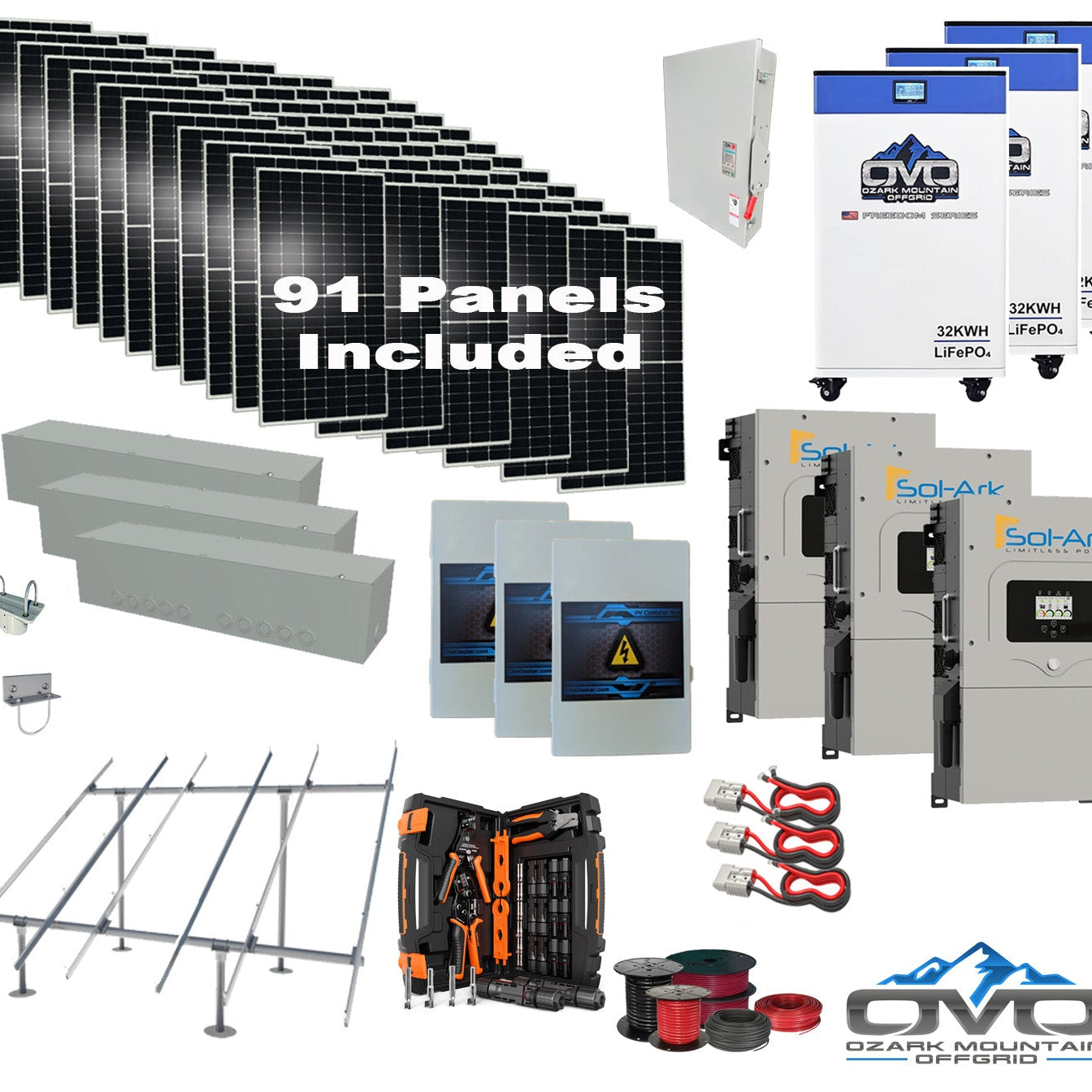 50KW Complete Offgrid Solar Kit + 3x 15K Sol-Ark Inverter + 3x 32kWh OMO 48V Freedom Series Lithium Battery +50.05KW Solar with Ground Mount and Wiring