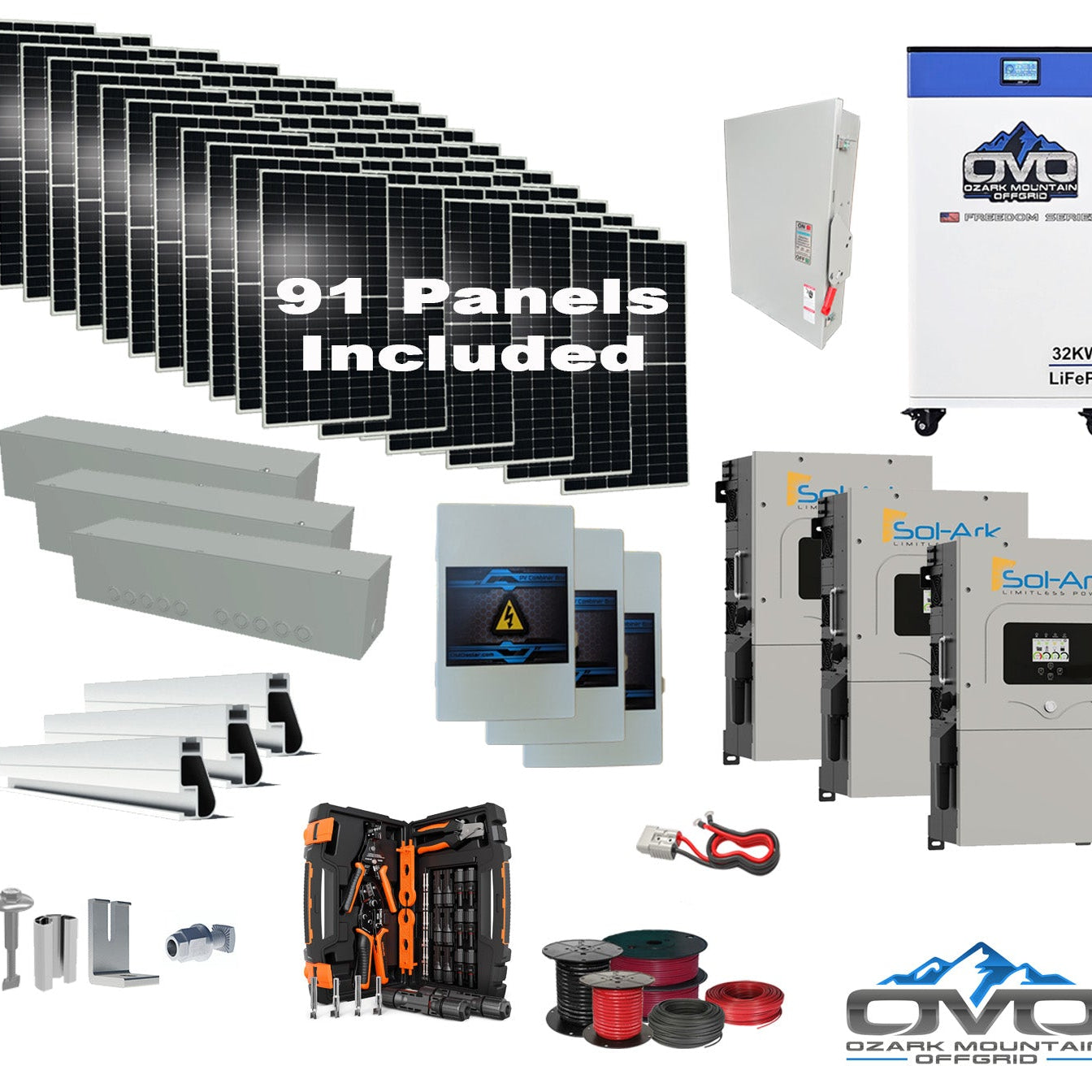 50KW Complete Offgrid Solar Kit + 3x 15K Sol-Ark Inverter + 32kWh OMO 48V Freedom Series Lithium Battery +50.05KW Solar with Roof Mount and Wiring