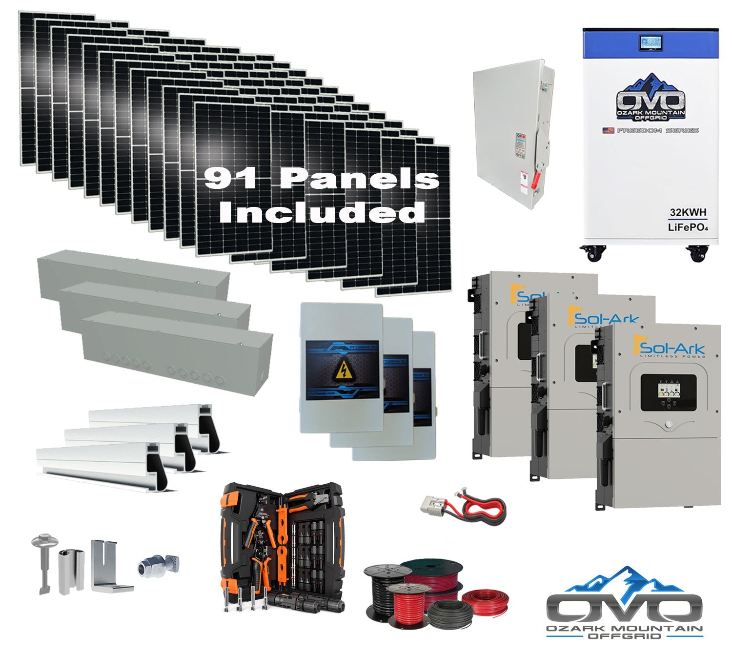 50KW Complete Offgrid Solar Kit + 3x 15K Sol-Ark Inverter + 32kWh OMO 48V Freedom Series Lithium Battery +50.05KW Solar with Roof Mount and Wiring