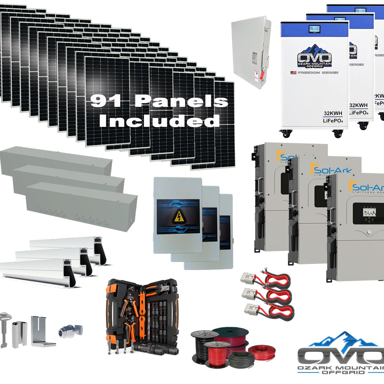 50KW Complete Offgrid Solar Kit + 3x 15K Sol-Ark Inverter + 3x 32kWh OMO 48V Freedom Series Lithium Battery +50.05KW Solar with Roof Mount and Wiring
