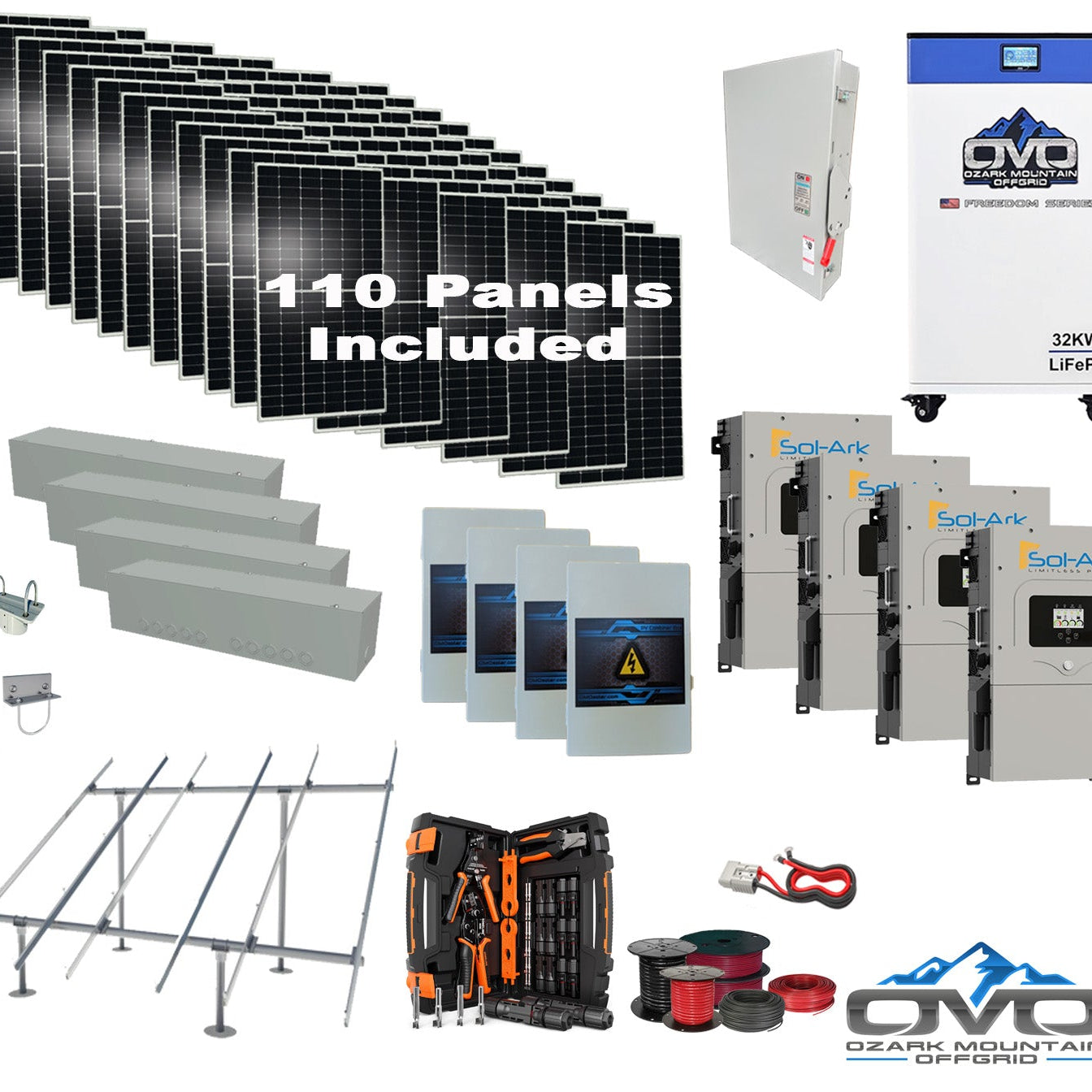 60KW Complete Offgrid Solar Kit + 4x 15K Sol-Ark Inverter + 32kWh OMO 48V Freedom Series Lithium Battery +60.5KW Solar with Ground Mount and Wiring