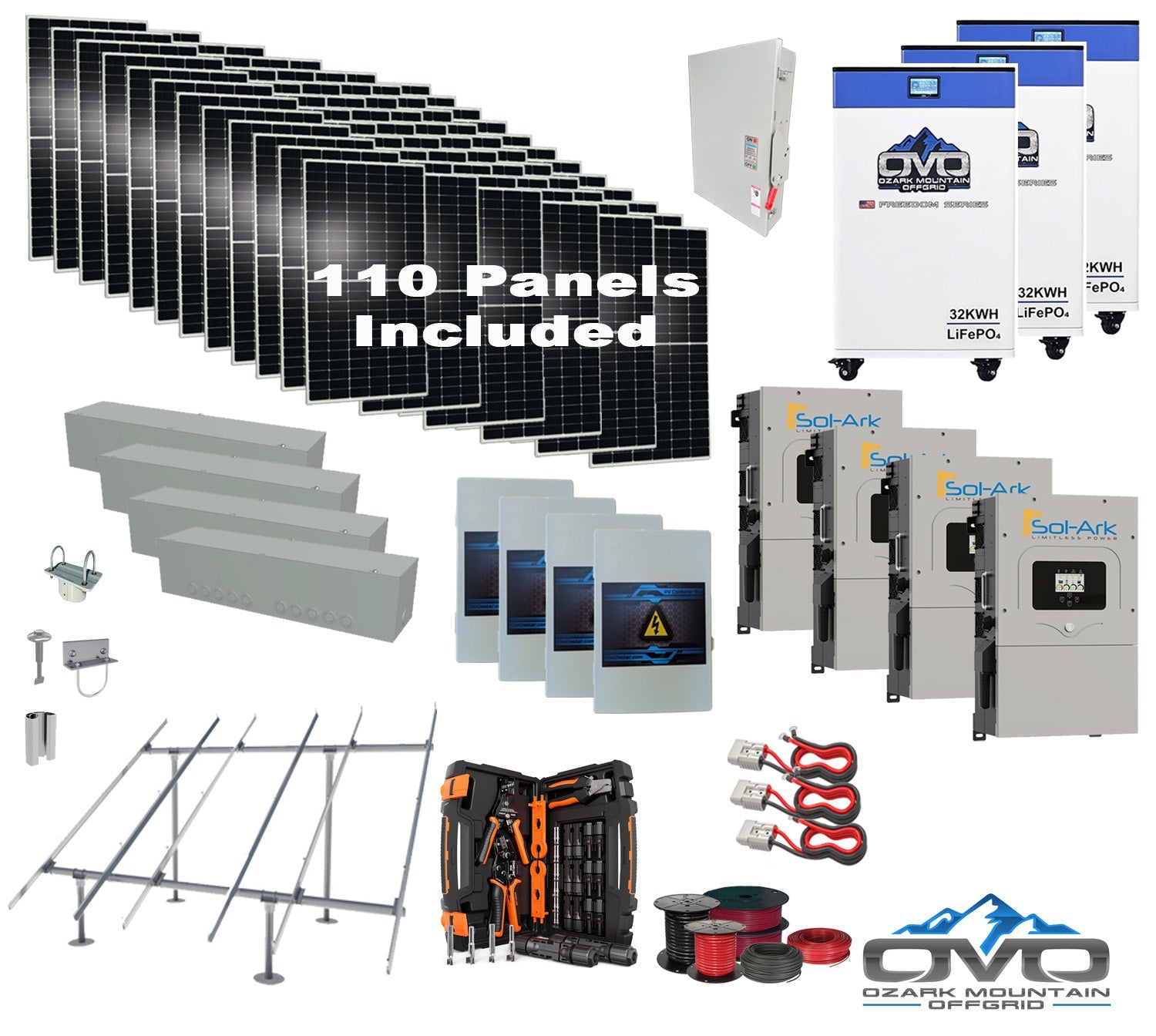 60KW Complete Offgrid Solar Kit + 4x 15K Sol-Ark Inverter + 3x 32kWh OMO 48V Freedom Series Lithium Battery +60.5KW Solar with Ground Mount and Wiring