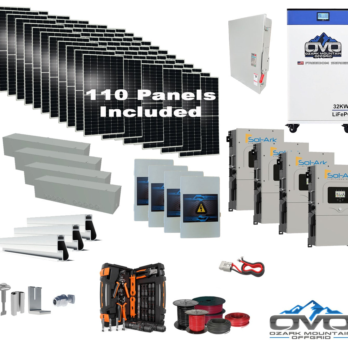 60KW Complete Offgrid Solar Kit + 4x 15K Sol-Ark Inverter + 2kWh OMO 48V Freedom Series Lithium Battery +60.5KW Solar with Roof Mount and Wiring