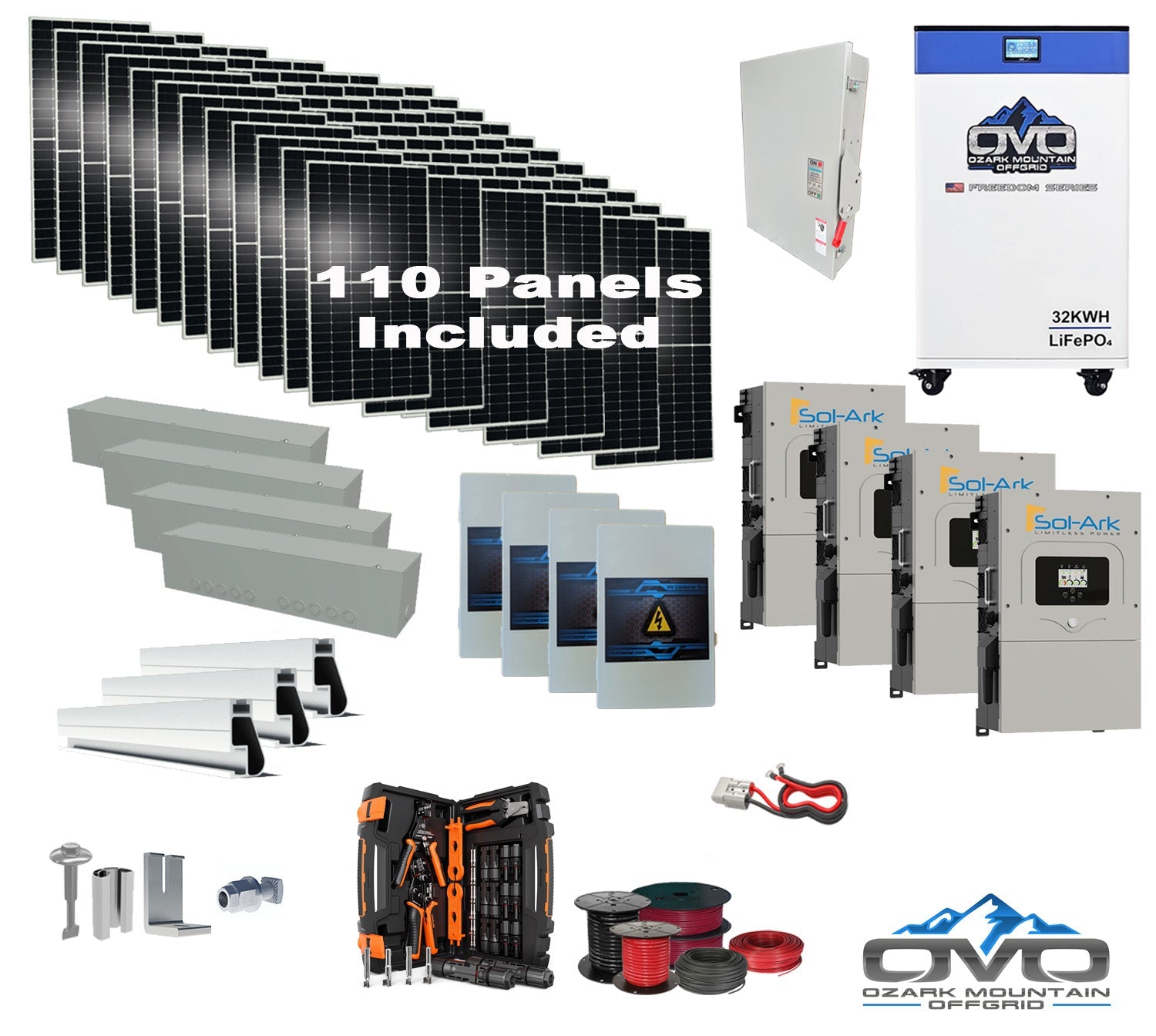 60KW Complete Offgrid Solar Kit + 4x 15K Sol-Ark Inverter + 2kWh OMO 48V Freedom Series Lithium Battery +60.5KW Solar with Roof Mount and Wiring