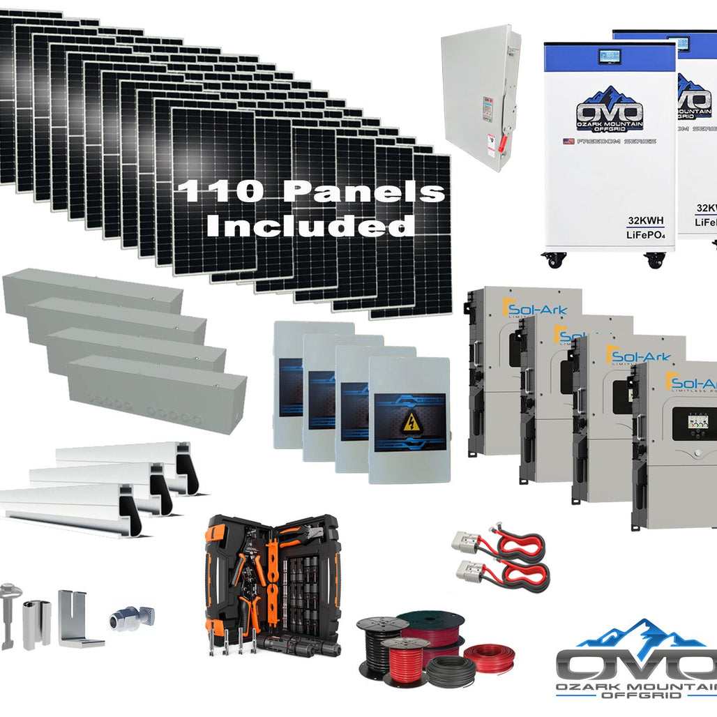 60KW Complete Offgrid Solar Kit + 4x 15K Sol-Ark Inverter + 2x 32kWh OMO 48V Freedom Series Lithium Battery +60.5KW Solar with Roof Mount and Wiring