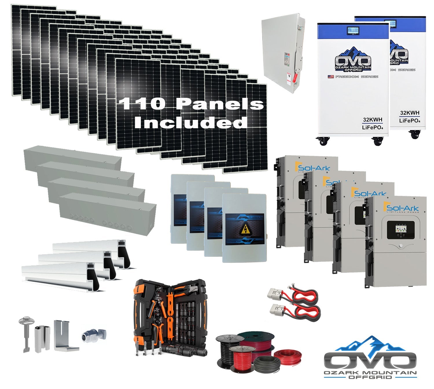 60KW Complete Offgrid Solar Kit + 4x 15K Sol-Ark Inverter + 2x 32kWh OMO 48V Freedom Series Lithium Battery +60.5KW Solar with Roof Mount and Wiring